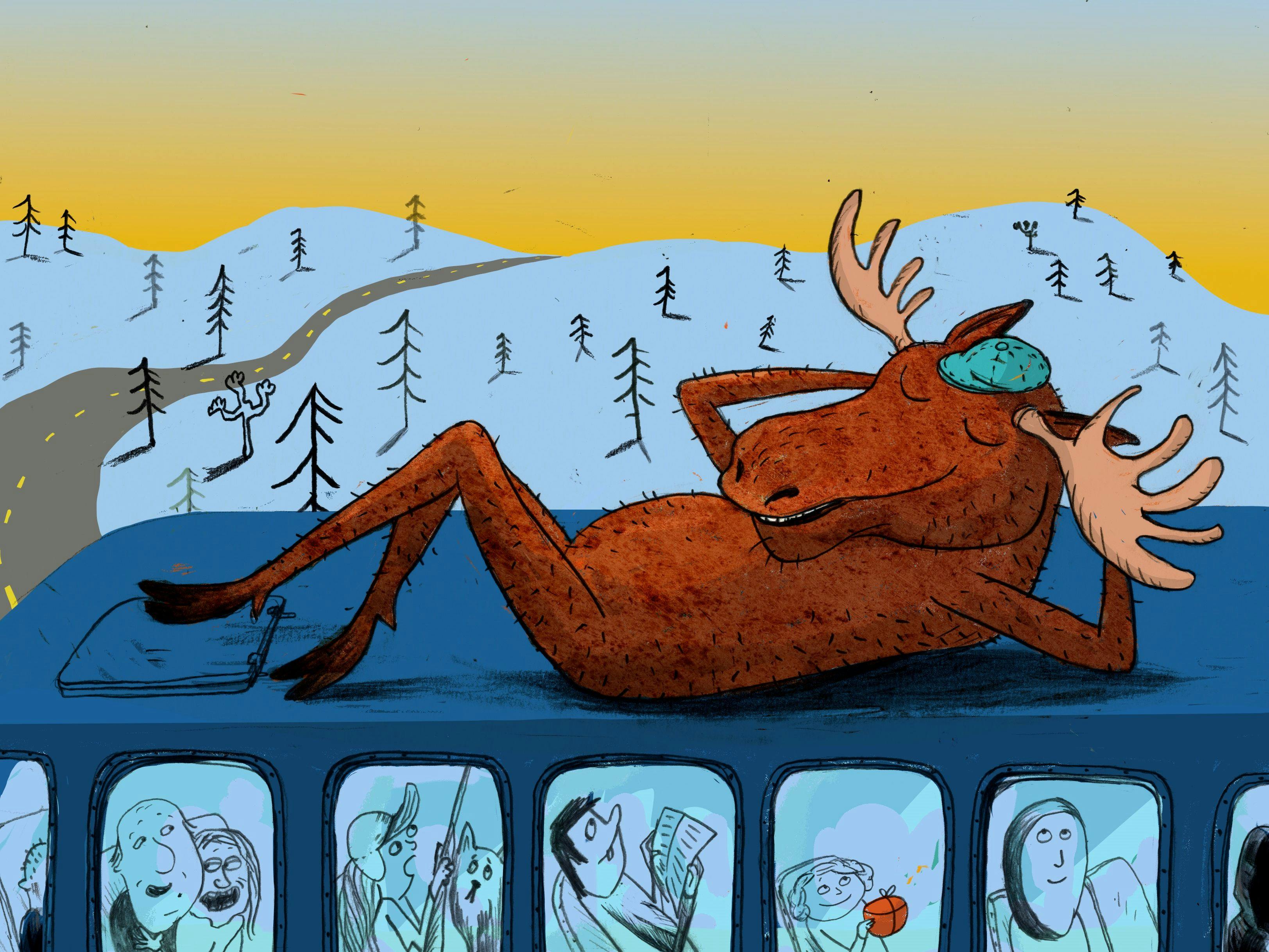 Illustrasjon av elg som ligger på taket av en buss full av passasjerer.