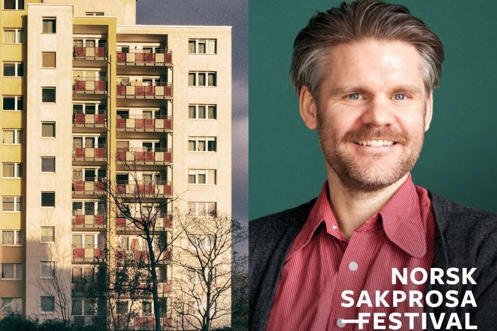 Bilde av en boligblokk og av foredragsholder Erlend Sjåvik